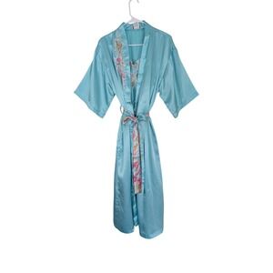 Appel Kimono Vintage Satin Robe and Nightgown Set Aqua Blue Floral Lace M